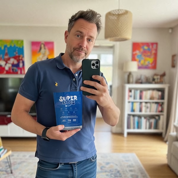A casual, mirror-selfie style ad creative featuring a founder holding the Super Bites product pouch, emphasizing transparency and authenticity.